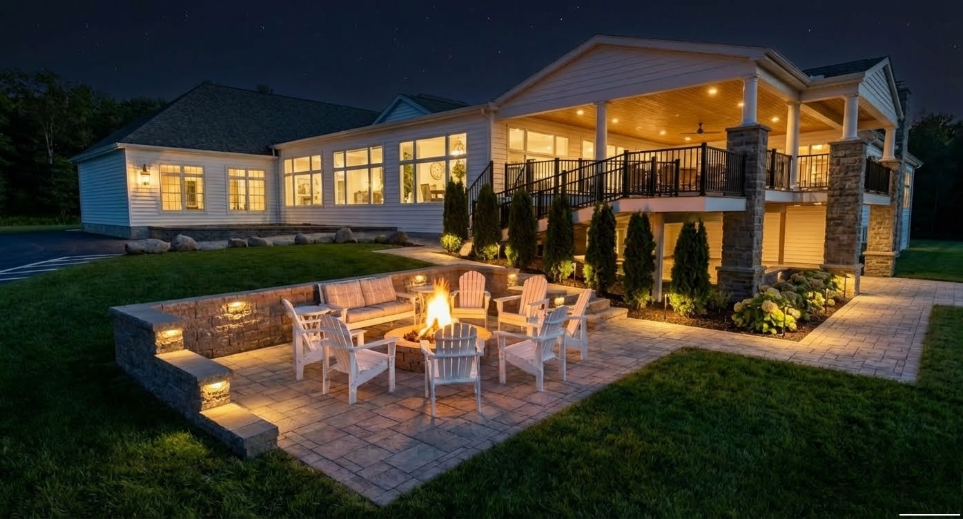 Evening exterior rendering of the proposed Moon Brook patio setting.