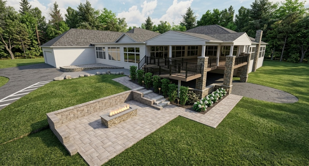 Revision 2 daytime rendering of the proposed Moon Brook patio and fire feature.